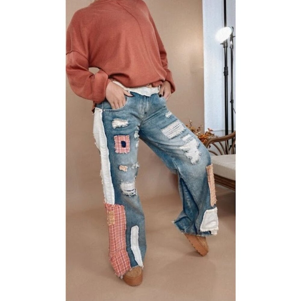 Oli and Hali Patchwork Wide Leg Blue Jeans Size S Distressed Raw Hem Boho
